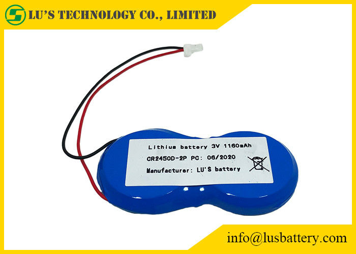 Pilha 1200mah 3.0v da moeda do lítio do botão de CR2450-2P com o conector dos fios JST